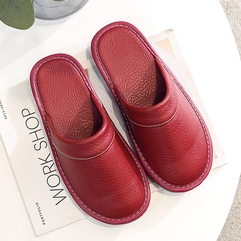 Indoor Leather Shoes Women Wine Red Slippers Classiful Fashion Casual Slides Female Slippers Home Footwear Ladies Concise Shoe