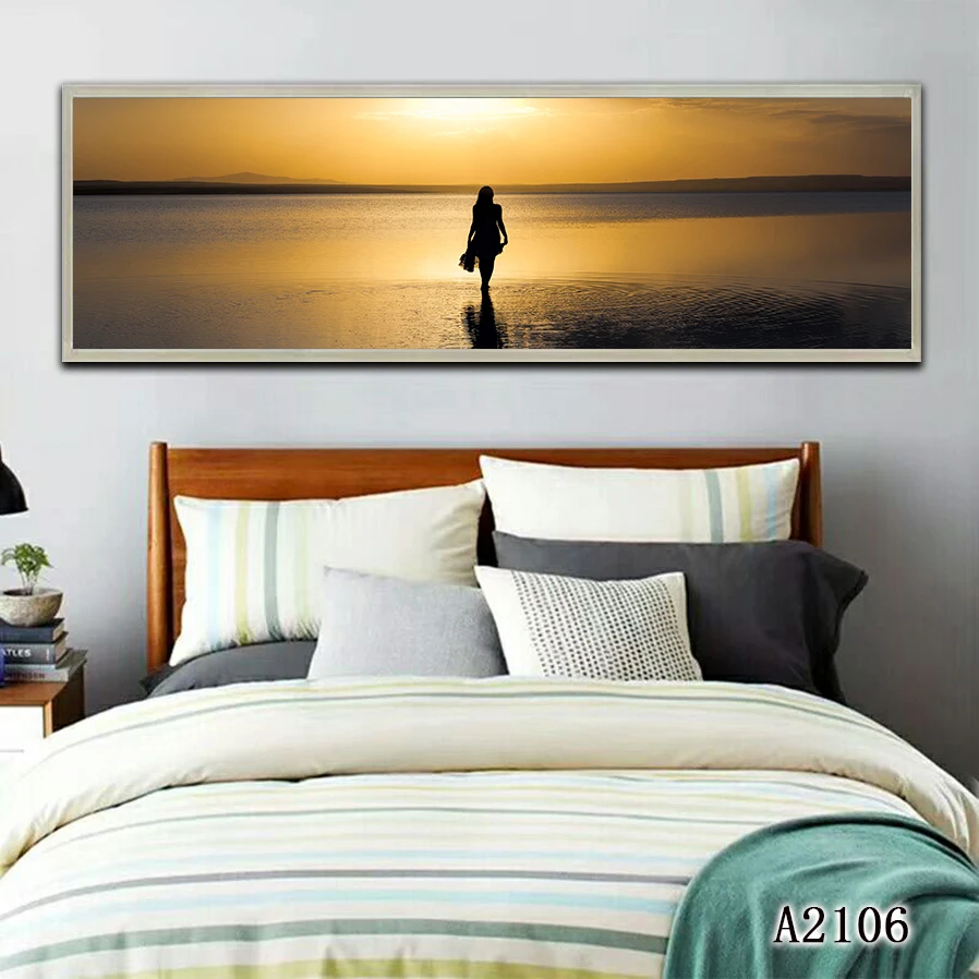 Abstract Oil Painting Print on Canvas Beach Seascape Sunrise Sexy Woman Canvas Art Printing Wall Art Picture for Home Decor