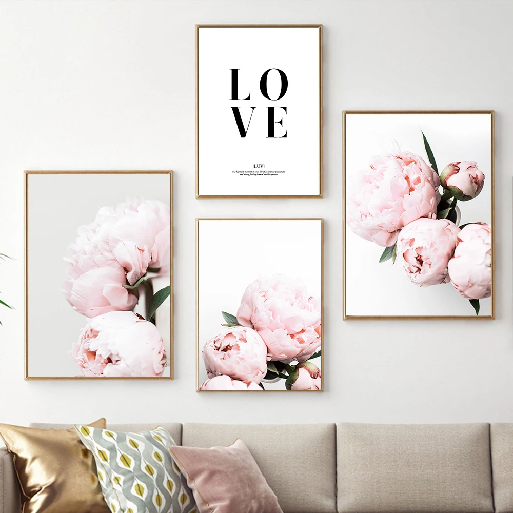 Pink Peony Love Flower Wall Art Canvas Painting Decoration Nordic Posters And Prints Wall Picture for Living Room Home Decor
