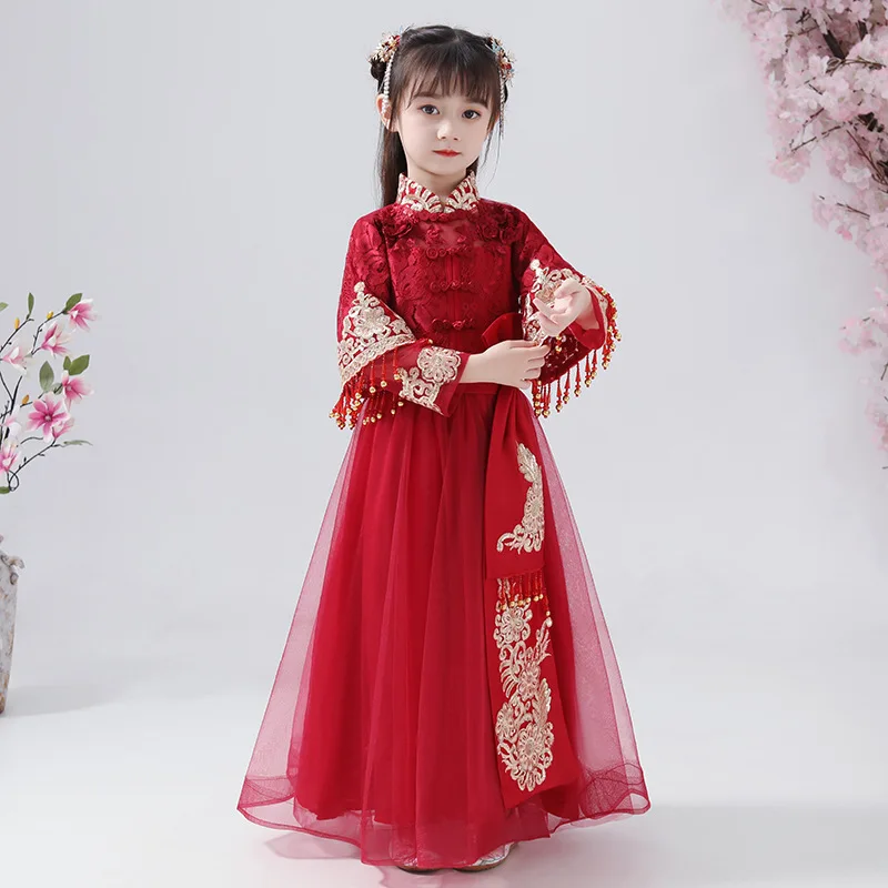 Vestido floral de menina, han fu, para meninas, roupão tradicional chinês bordado, roupa de cosplay