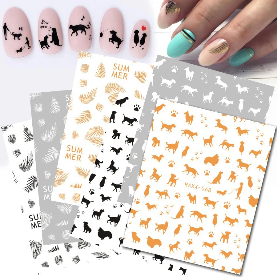 Summer 3D Nail Stickers Self-Adhesive Slider Coconut Leaf Dog Nail Art Decorations Decals Manicure Accessories