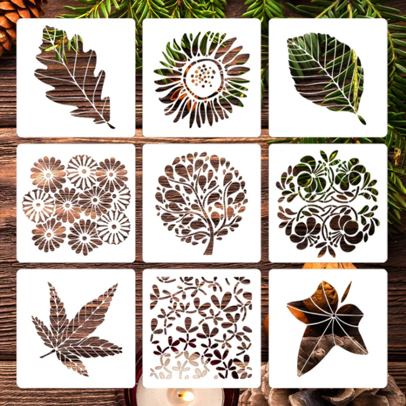 

9pcs Tree Leaf Flower Painting Template DIY Layering Stencils Scrapbooking Coloring Embossing Album Decor Cake Mold Reusable