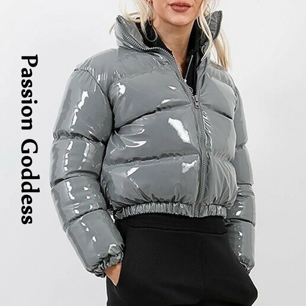 Autumn Winter Women Bright PU Puffer Jackets Warm Bubble Coat Down Parkas Outcoat Zipper Jacket Cute Pink Cropped Parkas XXL