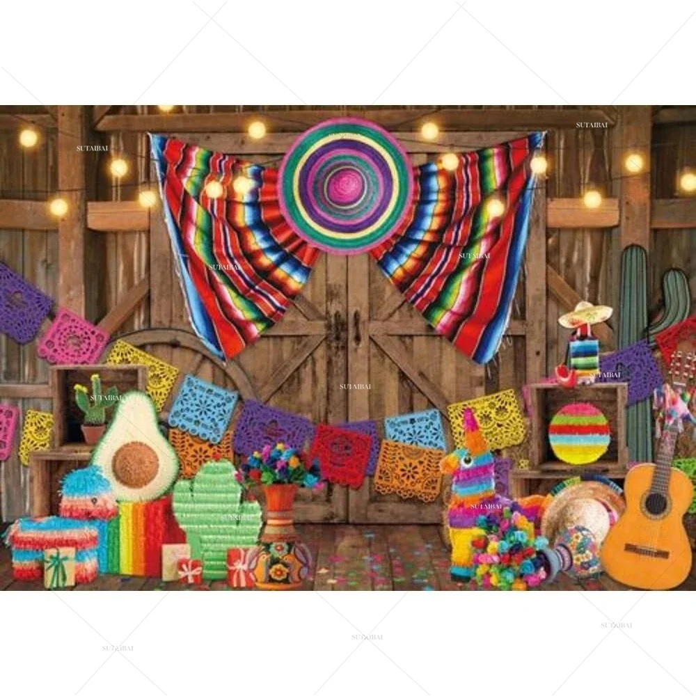 Fiesta Backdrop Colorful Stripe Mexican Wood Barn Door Cinco De Mayo Carnival Party Photography Background Wooden Photo Backdrop