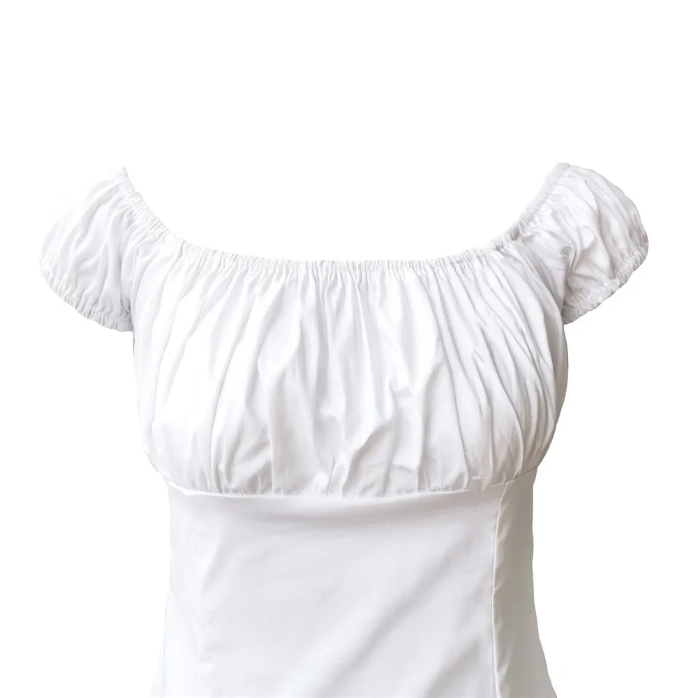 Fashion Summer White Cotton Vintage Blouse 1950s Solid Tops Slash Neck Puff Sleeve 50s 60s Retro Shirts Slim Fit Womens Clothing