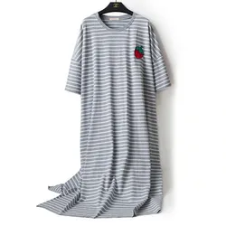 Cotton Striped Long Nightgown Big Size Women Short Sleeve Nightdress Homewear Casual Lounge Home Gown Summer New Sleepwear