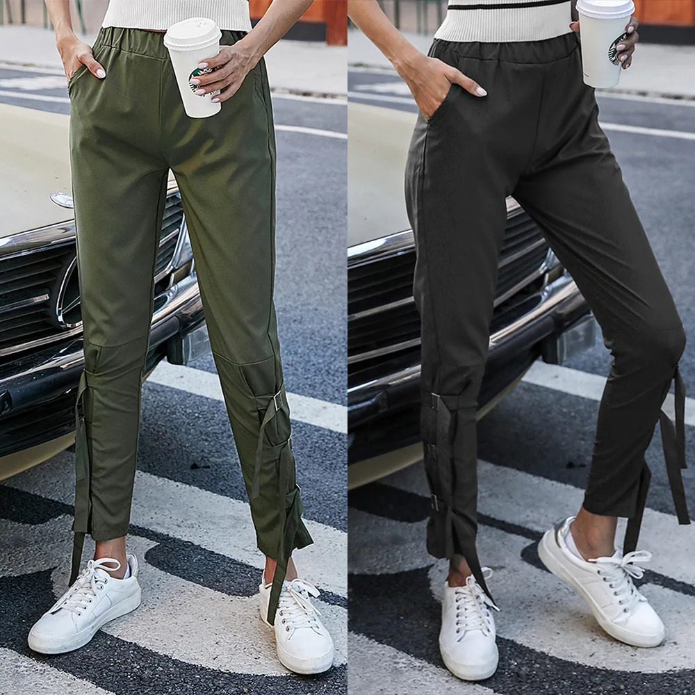 

Woman Pants Fashion Elastic Low Waist Casual Strappy Solid Color Low Waist Harem Pants Drawstring Sweatpants