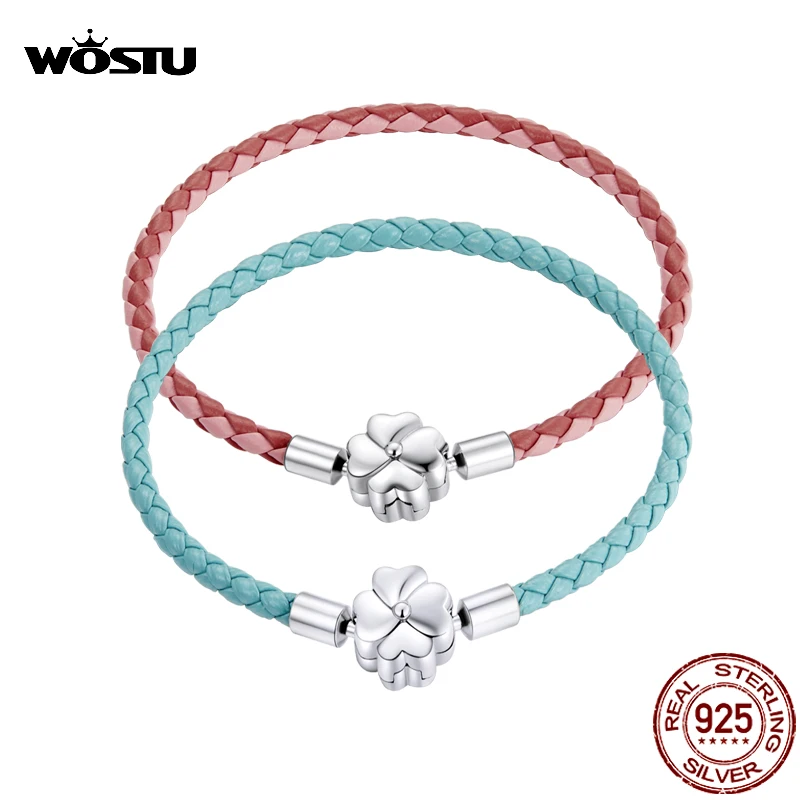 WOSTU 925 Sterling Silver Leather Bracelet Lucky four-leaf Long Leather Bracelet For Women Fashion Jewelry