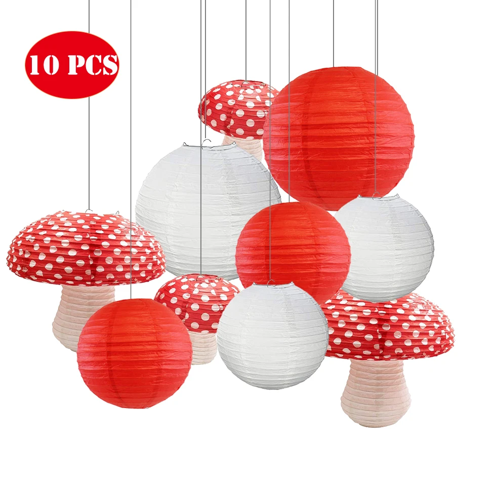 10 pcs Red White Paper Lantern Mushroom Paper lantern Set for for Fairy Party Wonderland Theme Baby Shower Birthday Decoration