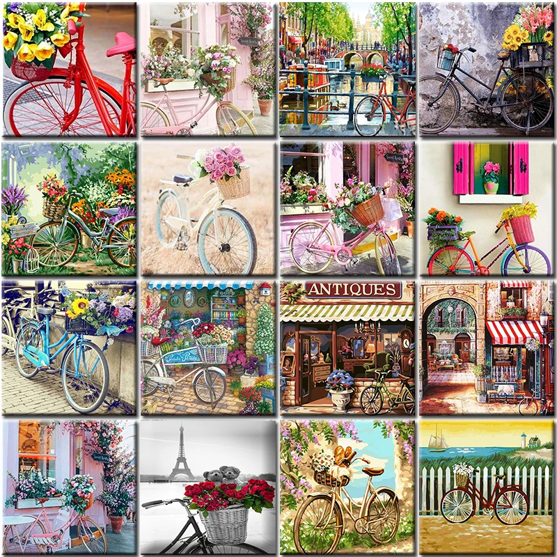 Bicycle Paint By Numbers Landscape City Frame Canvas For Adults DIY Kits Drawing Pictures Coloring By Number Home Decoration Art