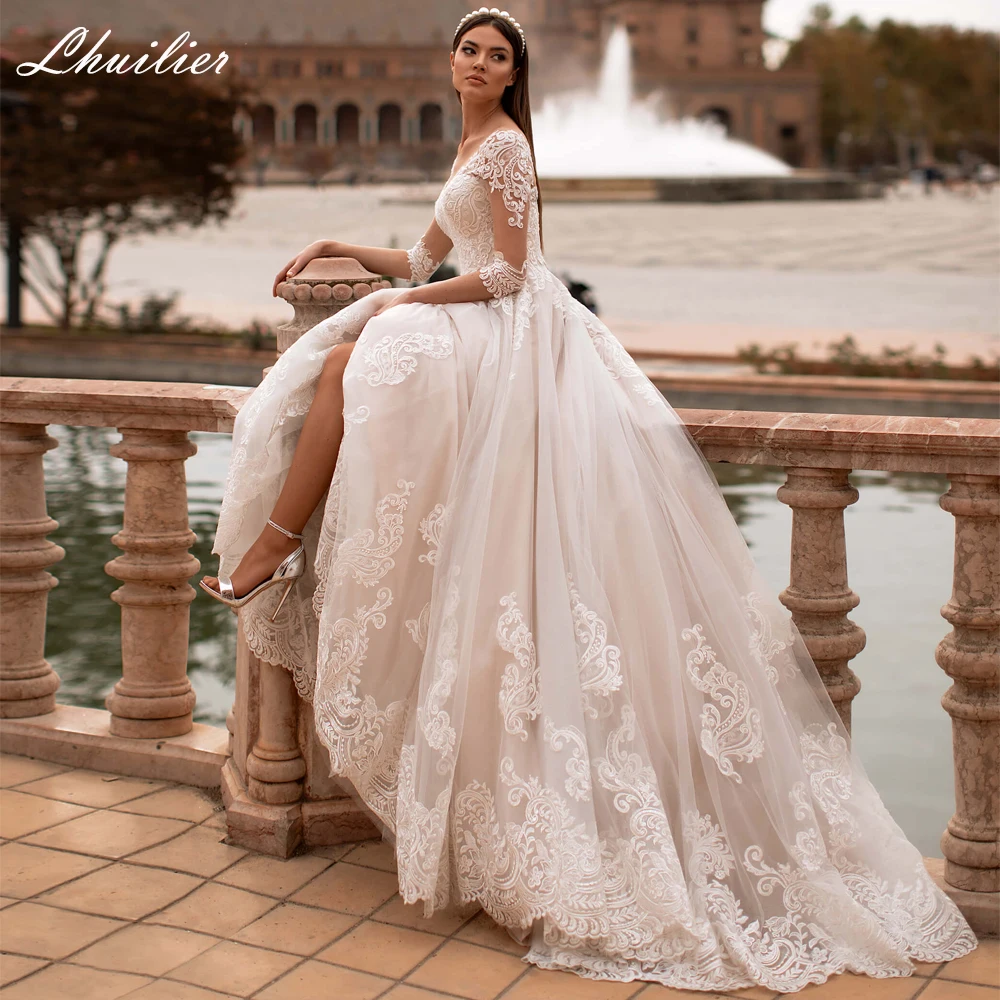 Lhuilier-vestidos de novia de tul con media manga y cuello redondo, vestido de novia elegante, corte en A, con apliques de encaje, longitud hasta el suelo