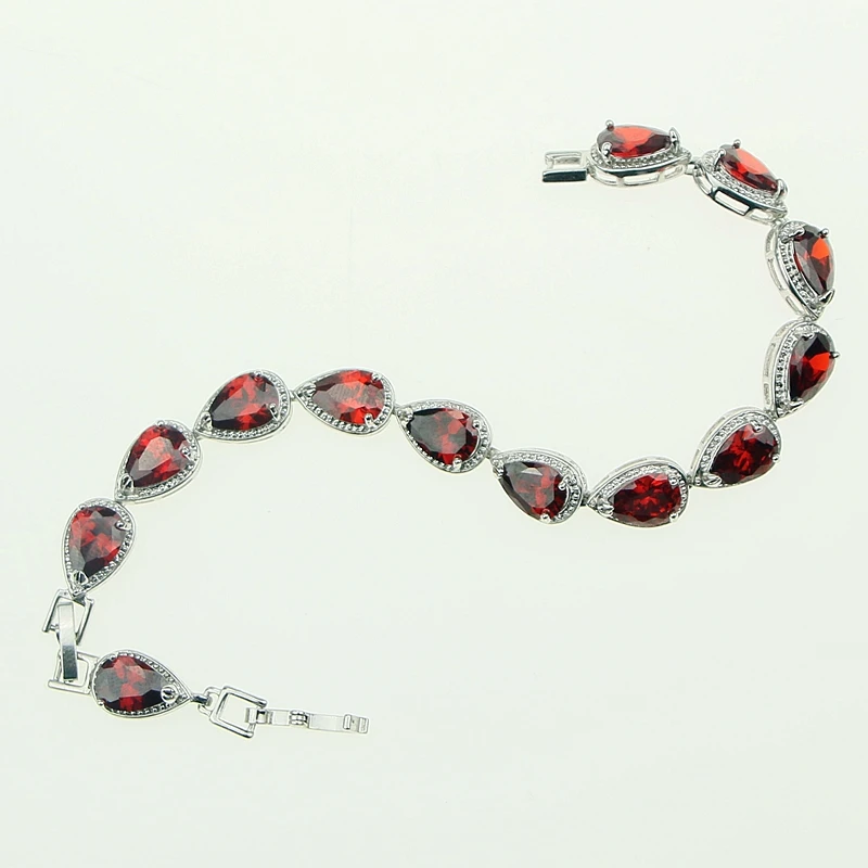 Water Drop Red Garnet CZ 925 Silver Jewelry Length 18cm 21cm Link Chain Bracelet for Women Free Gift Box