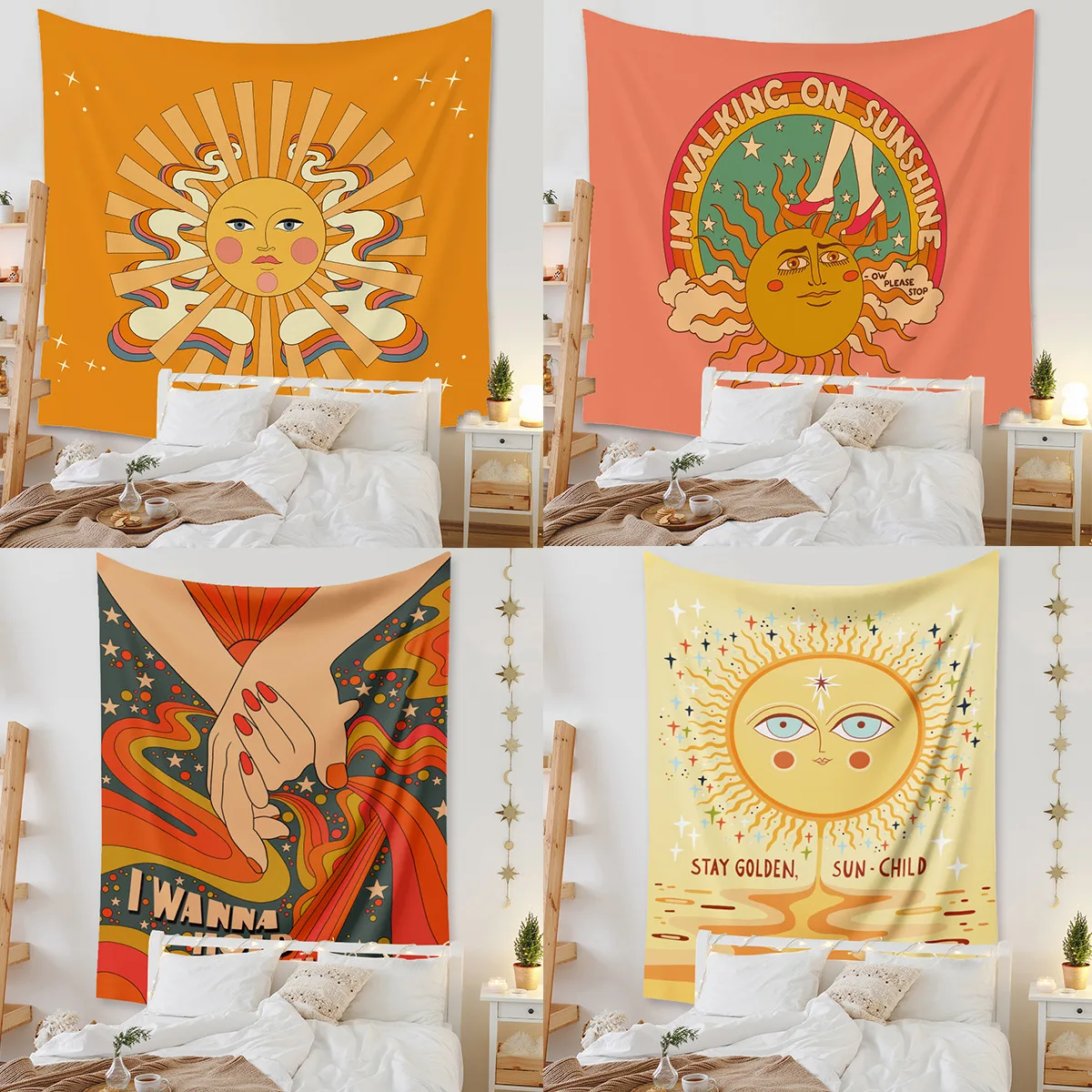 Vintage Sun Tapestry Wall Hanging Retro Sun Trippy Aesthetic Room Decor Hold Your Hand Home Rainbow Bedspread Boho Yoga Mat