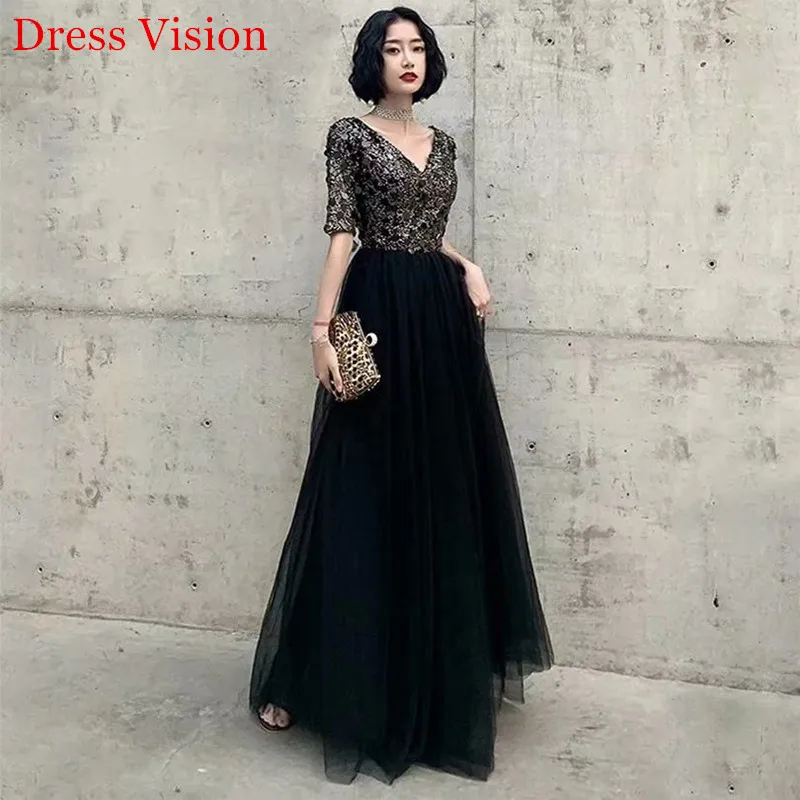 

Robe De Soiree Hot sale Evening Dresses Elegant Black Sequin V-Neck Half Sleeve вечерние платья Tulle Floor Length