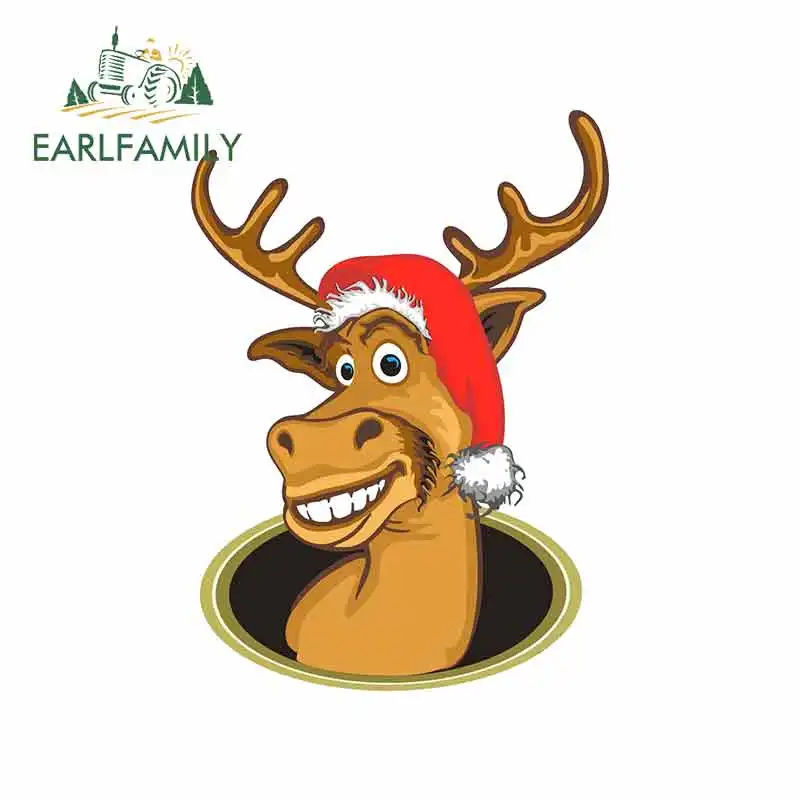 EARLFAMILY 13cm x 9.6cm for Reindeer with Santa Claus Hat Cartoon Car Stickers Vinyl JDM Bumper Trunk Truck Graphics Fine Decal