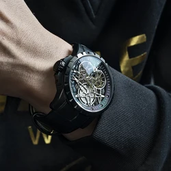 OBLVLO Top Brand All Black Army Military Transparent Watches Tourbillon Mechanical Watches Leather Relogio Masculino RM-T