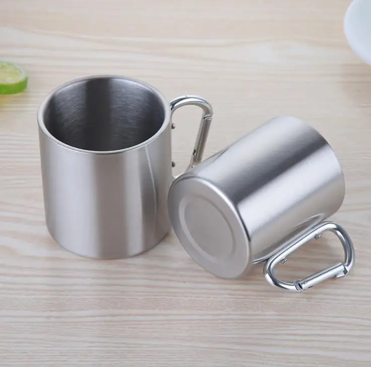 220ml Stainless Steel Mug with Foldable Self-lock Carabiner Handle Folding Handle Cup For Outdoor Camping Hiking   SN233