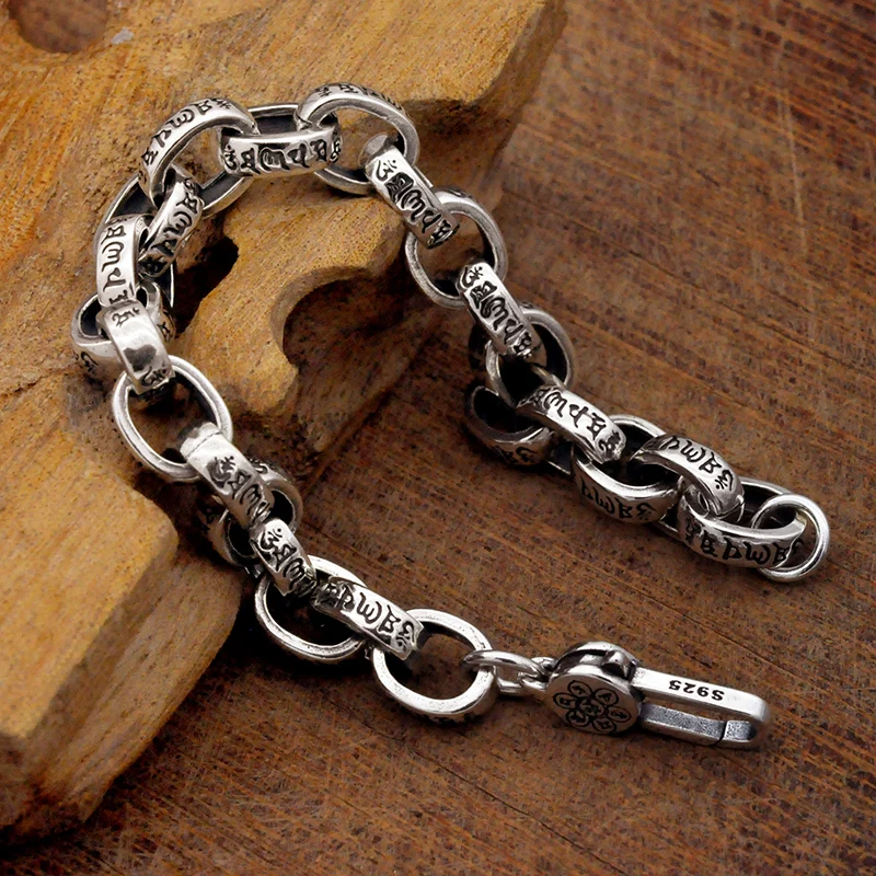 Solid 925 Sterling Silver Logo Bracelet Link Biker Punk Rock Chain Chrome Retro Jewelry for Men Heavy Silver Chain