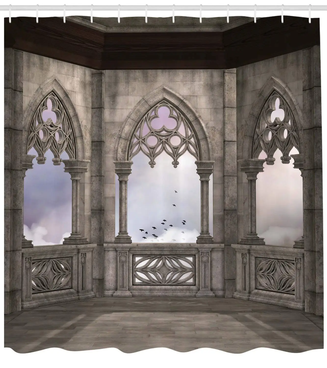 Gothic Decor Collection Medieval Stone Balcony with Curvings Graphic Design Mystic Middle Age Legend Story Print Curtain