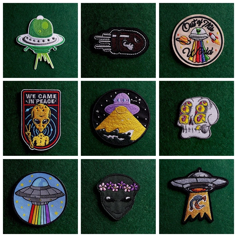 2pcs Alien Patch Iron On Patches For Clothes UFO Patches Stripe Badge Stickers Embroidery Sew On Clothes Universe Applique Decor