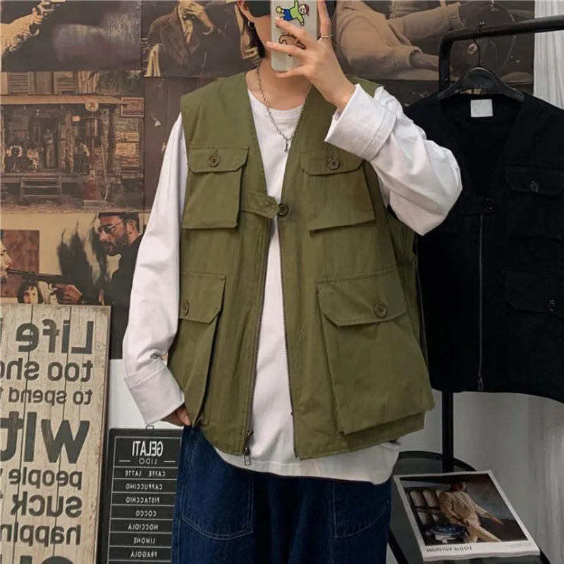 2021 Spring Mens Fashion Tooling Cargo Vest Homme Streetwear Sleeveless Jacket Gilet Thin Multi-Pocket Outdoors Tactical Coat