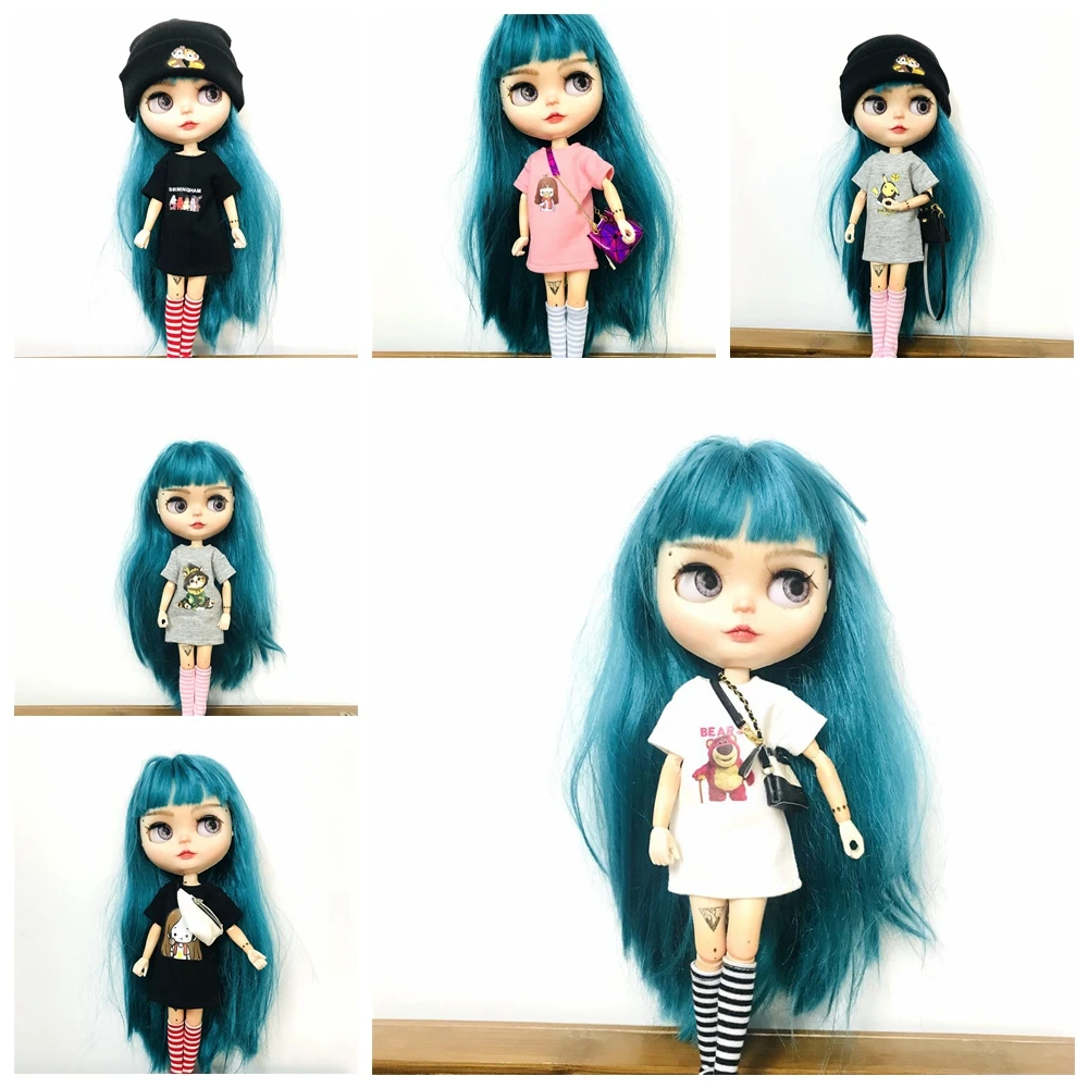 

2PCS/Set New Blyth Long Style Shirt Cute Cartoon Short T-shirt + Knee-High Stripe Socks for 1/6 Licca Momoko Dolls Accessories