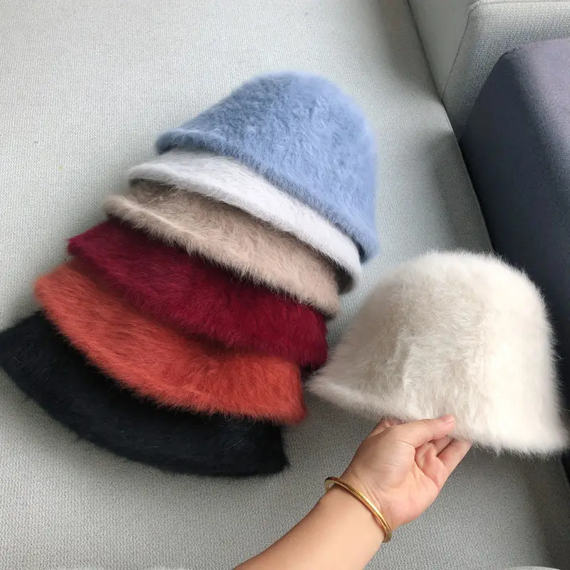 Soft Wool Blends Rabbit Fur Fisherman Bucket Hats Women Fall Winter Versatile Basin Cap Cold-proof Warm Headgear 7 Colors