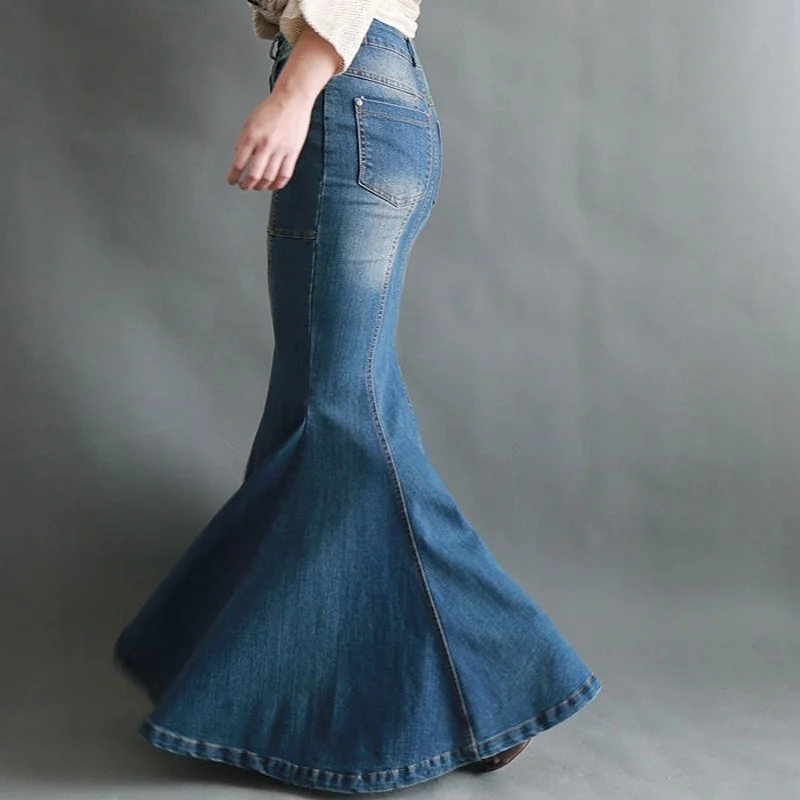 European Autumn Sexy Bodycon Women Skirts Fish Tail Floor Long Mermaid Skirt Retro Classic Washed Denim Saia Party Faldas Mujer