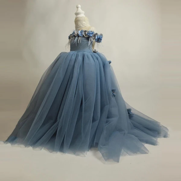 

Dusty Blue A-Line Draped Tulle Girls Ball Gowns Handmade Beadings Flowers Appliques Long Dresses Kids Birthday Party Dress
