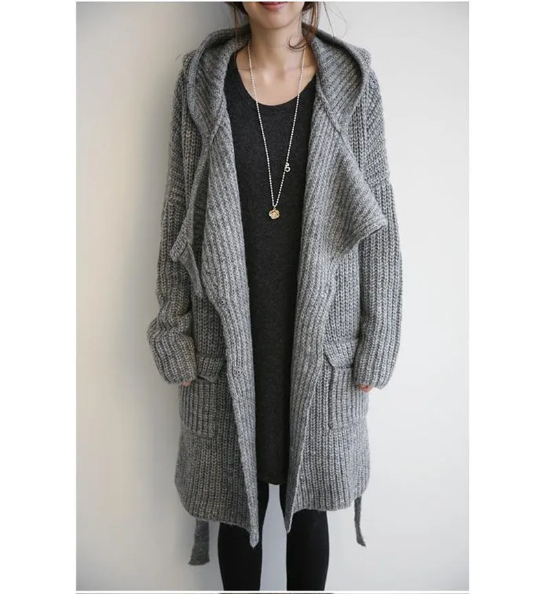 Ladies Woolen Jacket Coat Autumn Winter Casual Knitted Warm Thick Long Coat Outwear Female Women Hooded Overcoat Hoodies