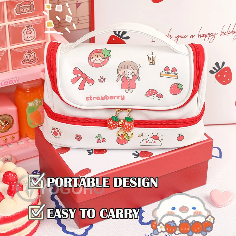 Double-Layer Pencil Case Large Capacity Strawberry Portable Strawberry Love PU Pencil Bag Kawaii Stationery School Supplies