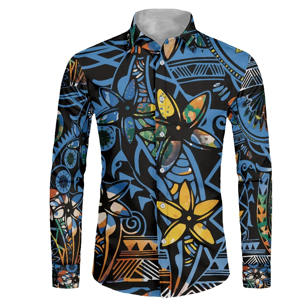 

HYCOOL Dropshipping Hibiscus Print Long Sleeve Shirt Men Plus Size Button Up Mens Dress Shirts Polynesian Tribal Shirts For Men