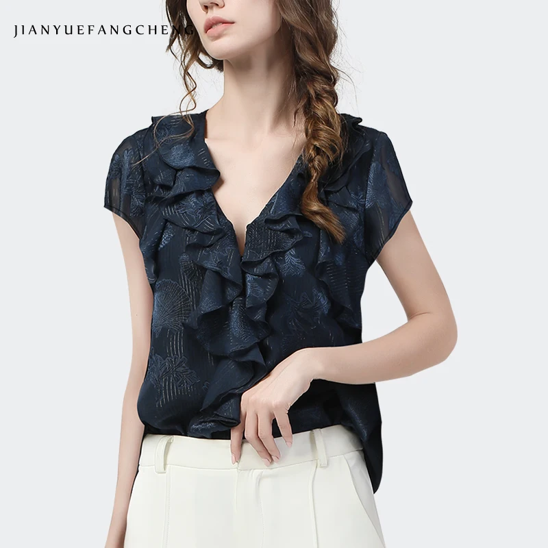 Fashion Ruffles Chiffon Tops Women Summer Loose V-Neck Short Sleeve Temperament Blue Cut Floral Casual Office Blouses Plus Size