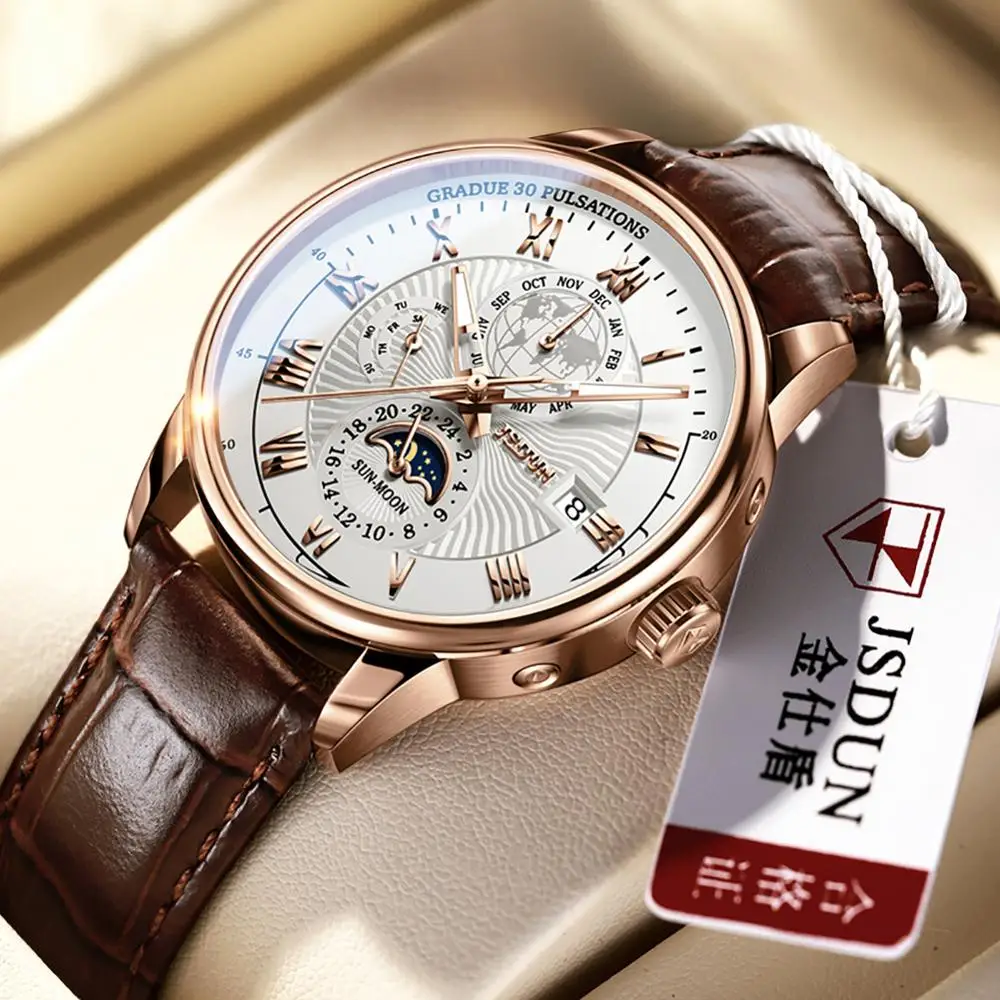 JSDUN Original Luxury Automatic Mechanical Watch for Men Leather Strap Waterproof Moon Phase Sports Wristwatch RelogioMasculino