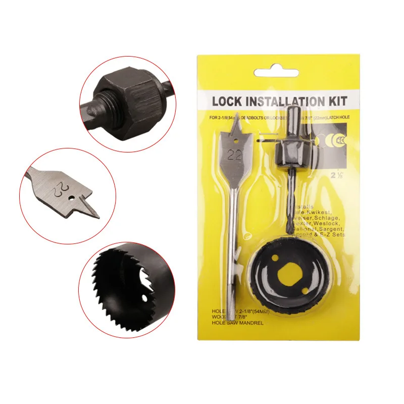 3PCS คาร์บอนเหล็กงานไม้เลื่อย54มม.22มม.เจาะประตูล็อคเปิดเครื่องมือ Reamer ตัดไม้ PVC ขอบพลาสติก