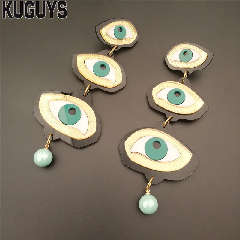 KUGUYS Vintage Green Eyes Tassel Earrings for Women Hyperbole Acrylic Large Drop Earring Fashion Jewelry Cool Trendy Accessories