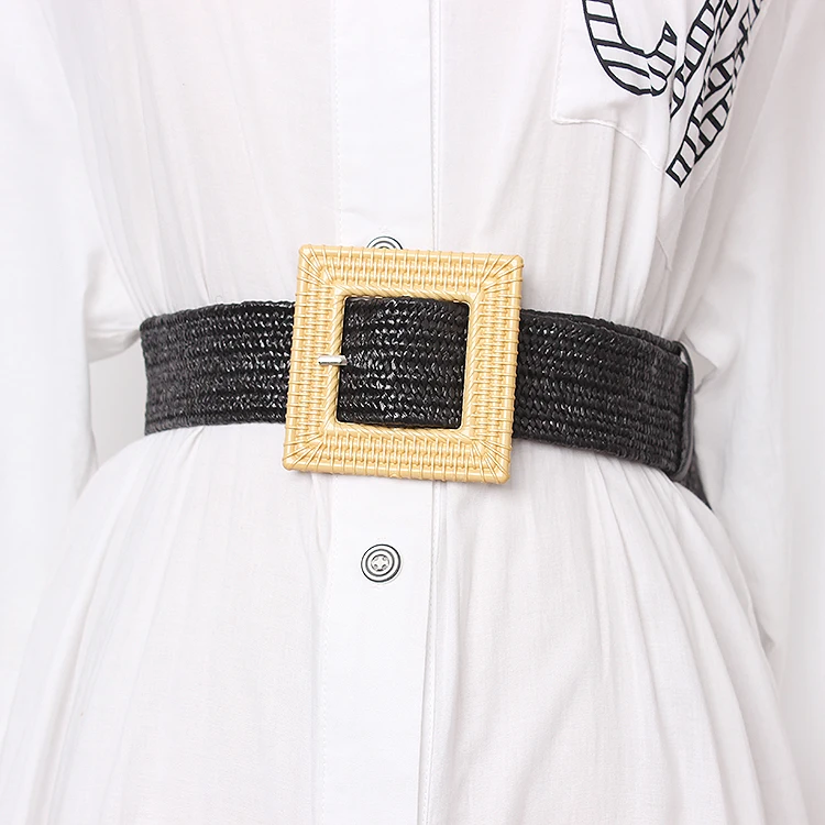 

Wooden Buckle Dress Belt For Women Casual Female Braided Wide Strap Female Designer Woven Girls Elastic PP Straw Belts BZ252