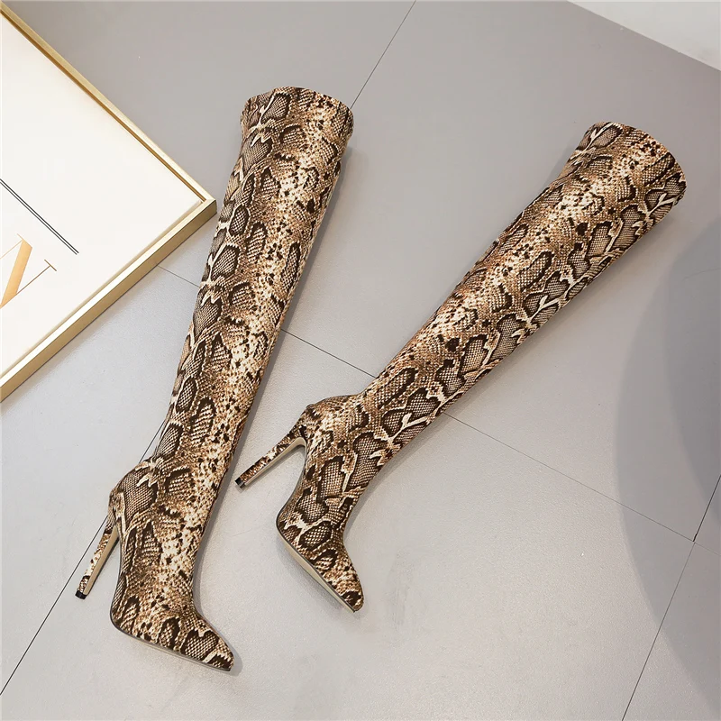 Women Over The Knee Suede Boots Snake Print 11.5cm High Heels Plus Size Stripper Long Fetish Stiletto Winter 2023 Thigh Shoes