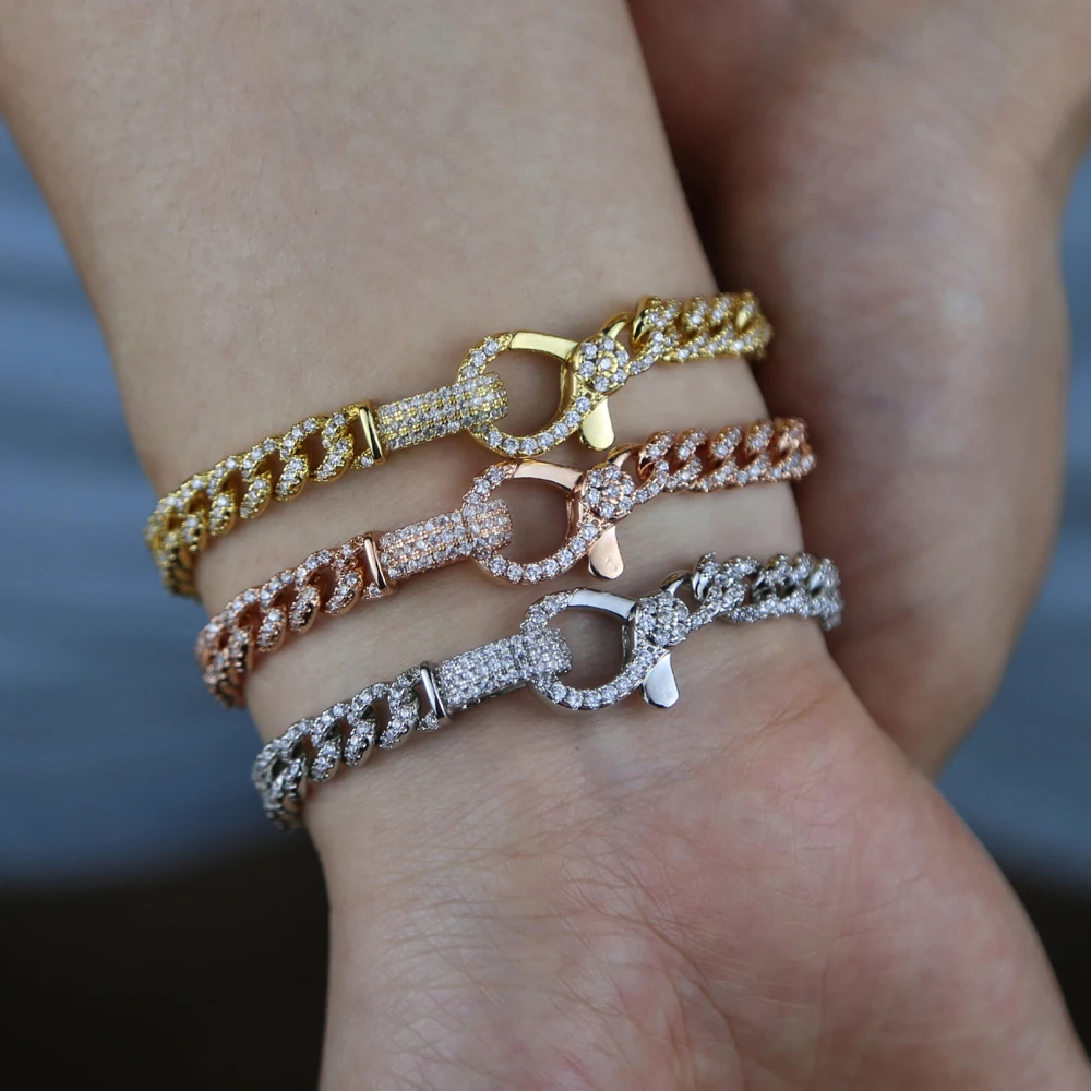 Iced Out Bling Lock Lobster Charm Micro Pave CZ Cuban Link Chain Bracelet 16.5cm 17.5cm Fashion Women Jewelry