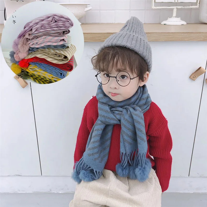 Autumn and winter Korean version of INS shawl Bib imitation cashmere stripe hanging ball boys and girls wool ball scarf