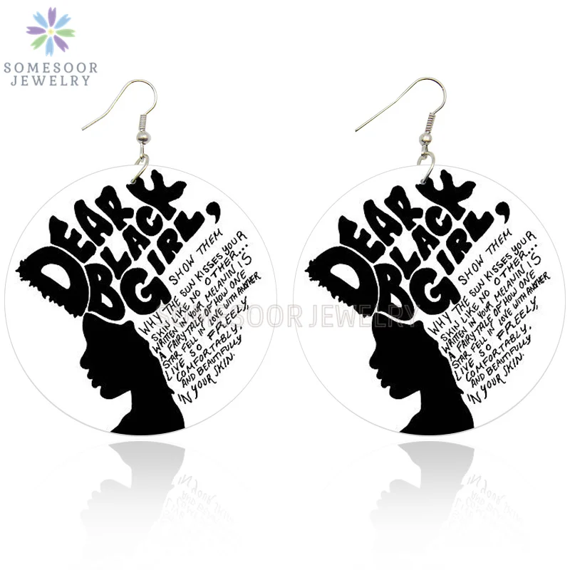 SOMESOOR Dear Black Girl African Woman Wooden Earrings With AFRO Natural Hair Power Words Sayings Printing Drop Earring Jewelry