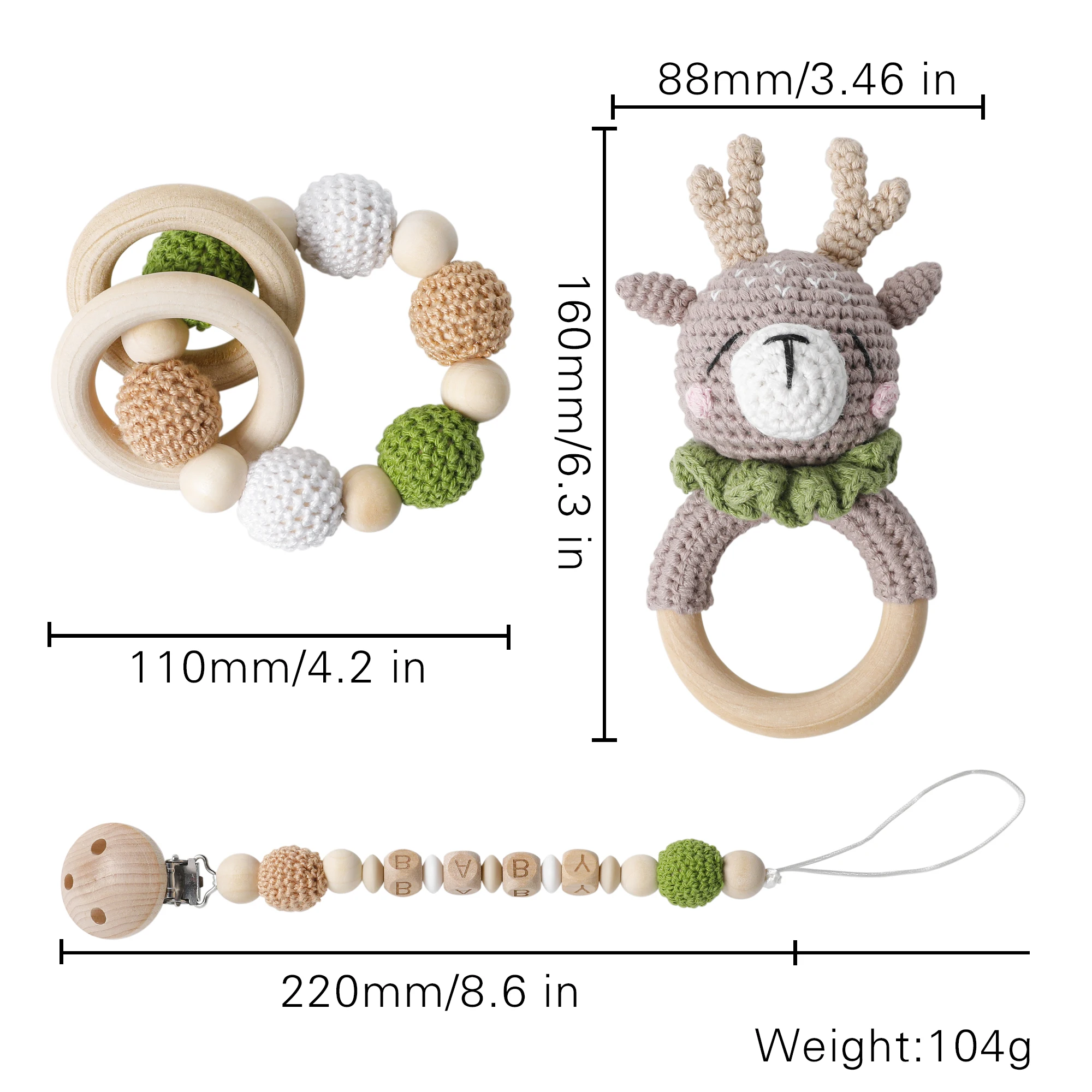 1Pc 아기 나무 Teether 크로 셰 뜨개질 봉제 동물 반지 음악 딸랑이 팔찌 DIY 사용자 정의 젖꼭지 체인 아기 몬테소리 완구 선물