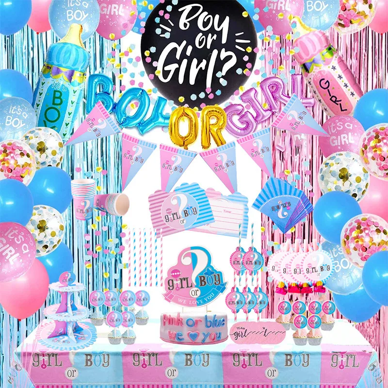 Gender Reveal Party Baby Shower Decorations Boy or girl Supplies Banner Tablecloth 36 Balloon Cake Topper Cutter Mold Stickers