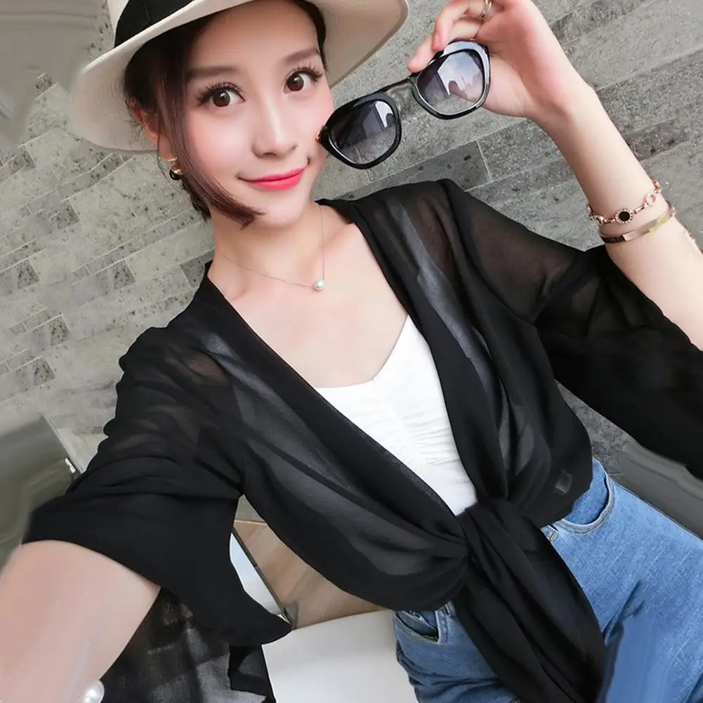 Women Open Front 3/4 Sleeve Anti-UV Coverup Blouse Sheer Shrug Thin Loose Chiffon Cardigan Women\'s Clothing Beach Female Dress