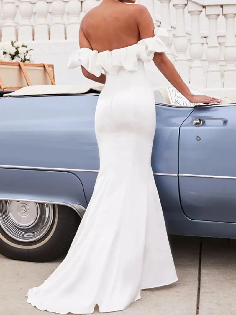 Sexy White Mermaid Engagement Prom Dress 2024 Off Shoulder Satin Ruffles Split Evening Party Gown Vestidos De Fiesta Largo