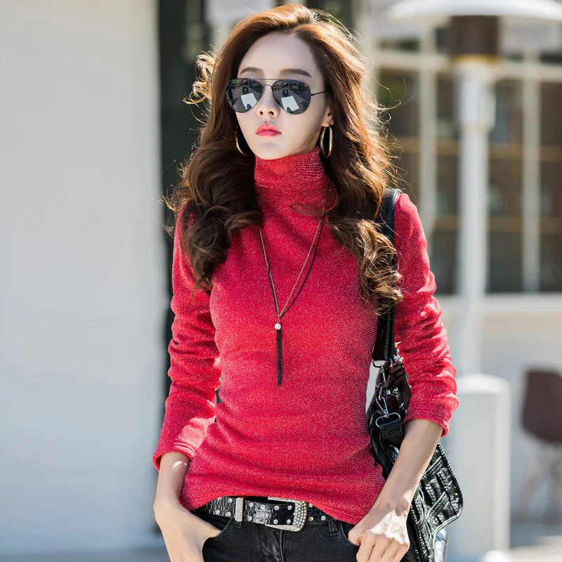 #0322 Winter Fleece T Shirt Women Bright Silk Casual Mesh Turtleneck T Shirt Female Skinny Warm Womens Tee Shirts Solid Color