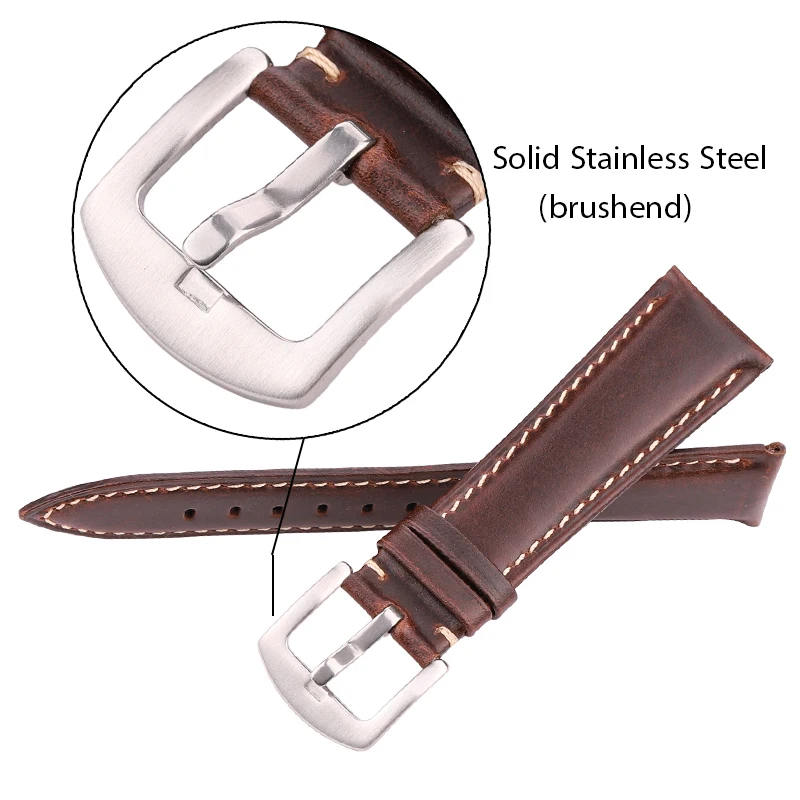 Genuine Leather Watchband 18 19 20 21 22 24mm Black Dark Brown Vintage Smooth Bracelet Watch Band Strap Stainless Steel Buckle