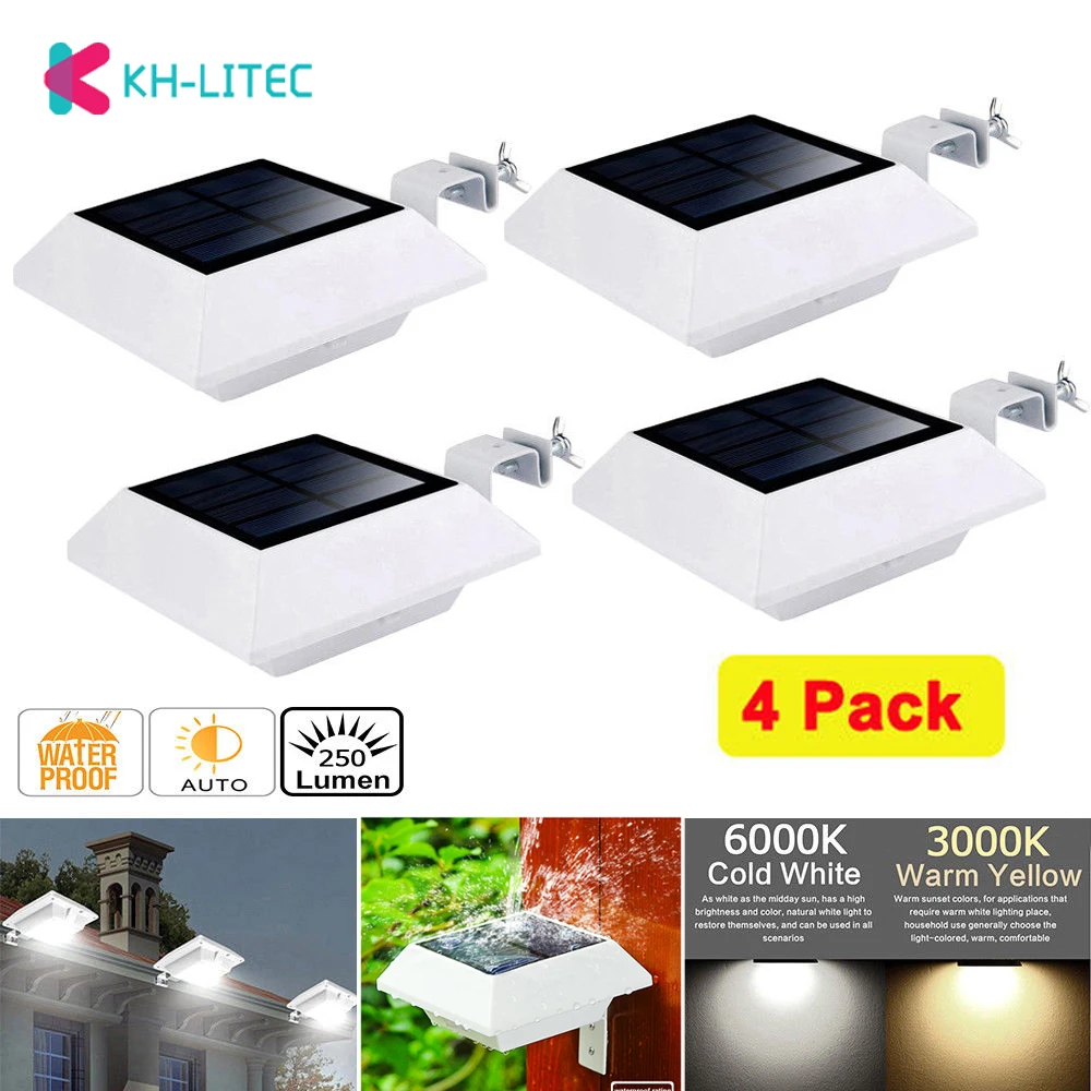 KHLITEC 4PCS Solar Power Gutter Lights 6 LED Light Sensor Wall lights Outdoor LED Solar Lamp Street Fence Garden lights