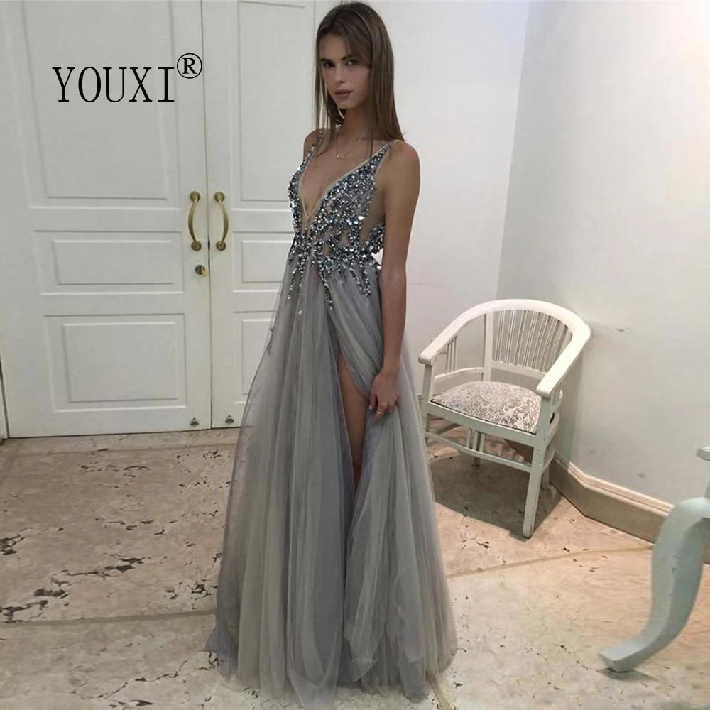 Beading Prom Dresses Long 2024 V Neck Light Gray High Split Tulle Sweep Train Sleeveless Evening Gown A-Line Backless Vestido De