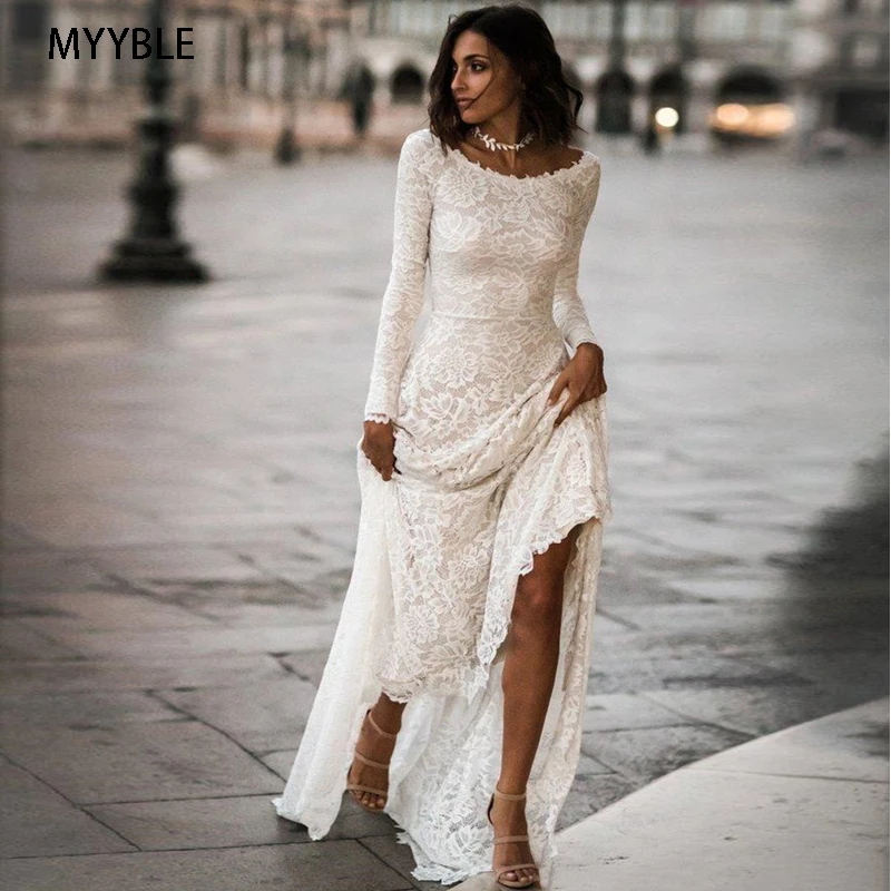 Customized Vintage Lace Wedding Dress Long Sleeves Simple Boho Wedding Dress Low Back vestido de noiva robe de mariee mariage